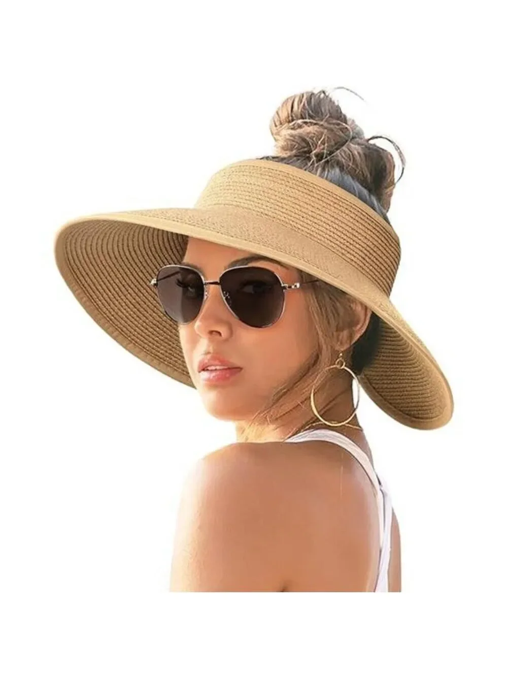 Wide Brim Straw Sun Visor Hat Women Ponytail UPF 50 Beach Packable Hat